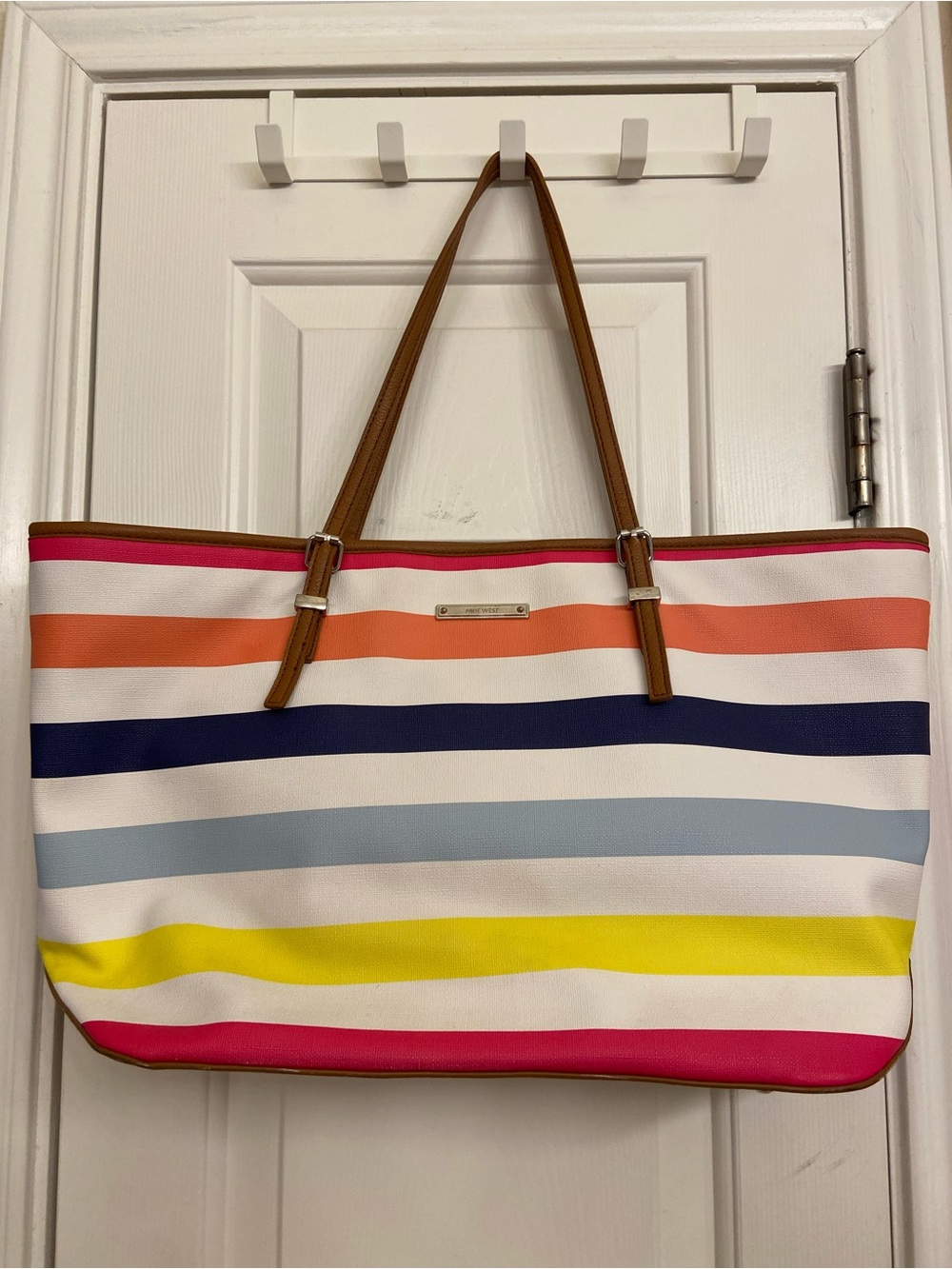 Nine West Multicolor Striped Tote with Brown Handles